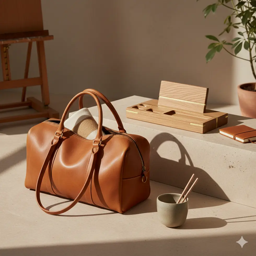 Editorial-Szene mit Lederweekender, Decke und Accessoires in warmen Naturtönen