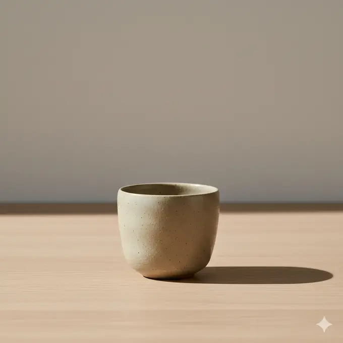 Handgetöpferte Keramik-Tasse in Steingrau als Produktfoto im warmen Atelierlicht