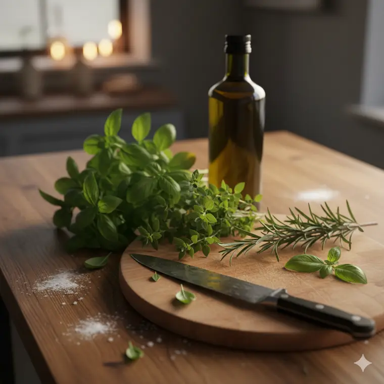 Frische Kräuter auf dem Küchenbrett