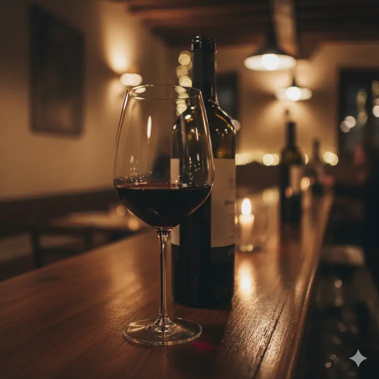 Rotwein im Glas in der abendlichen Pizzeria