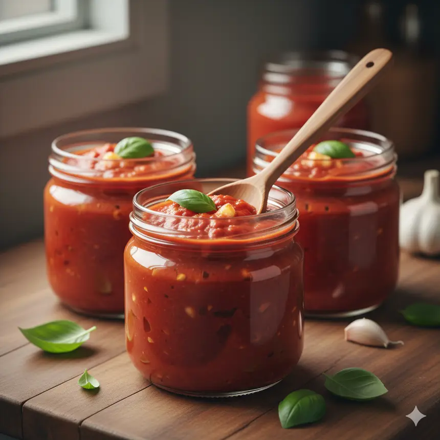 Hausgemachte Tomatensauce im Glas mit frischem Basilikum